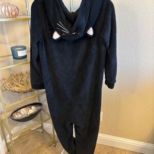 Essentials Cozy Black Fleece Cat Hoodie One Piece Pajama M